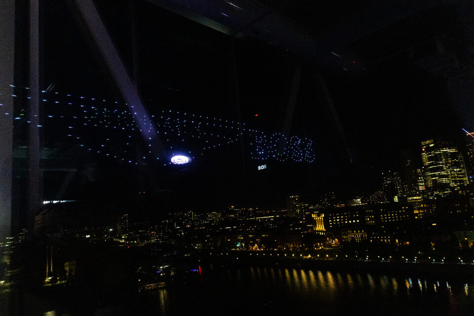 BOSS drone show over Montreal skyline at night